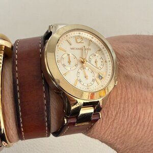 MICHAEL KORS MK2261 WOMENS GOLD TONE CHRONOGRAPH WATCH BROWN LEATHER WRAP